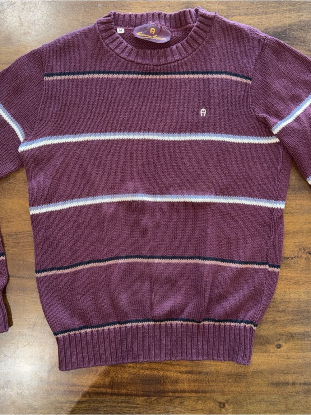 Vintage 70s ETIENNE AIGNER Womens M Cotton Sweater Union Tag USA Burgundy Stripe
